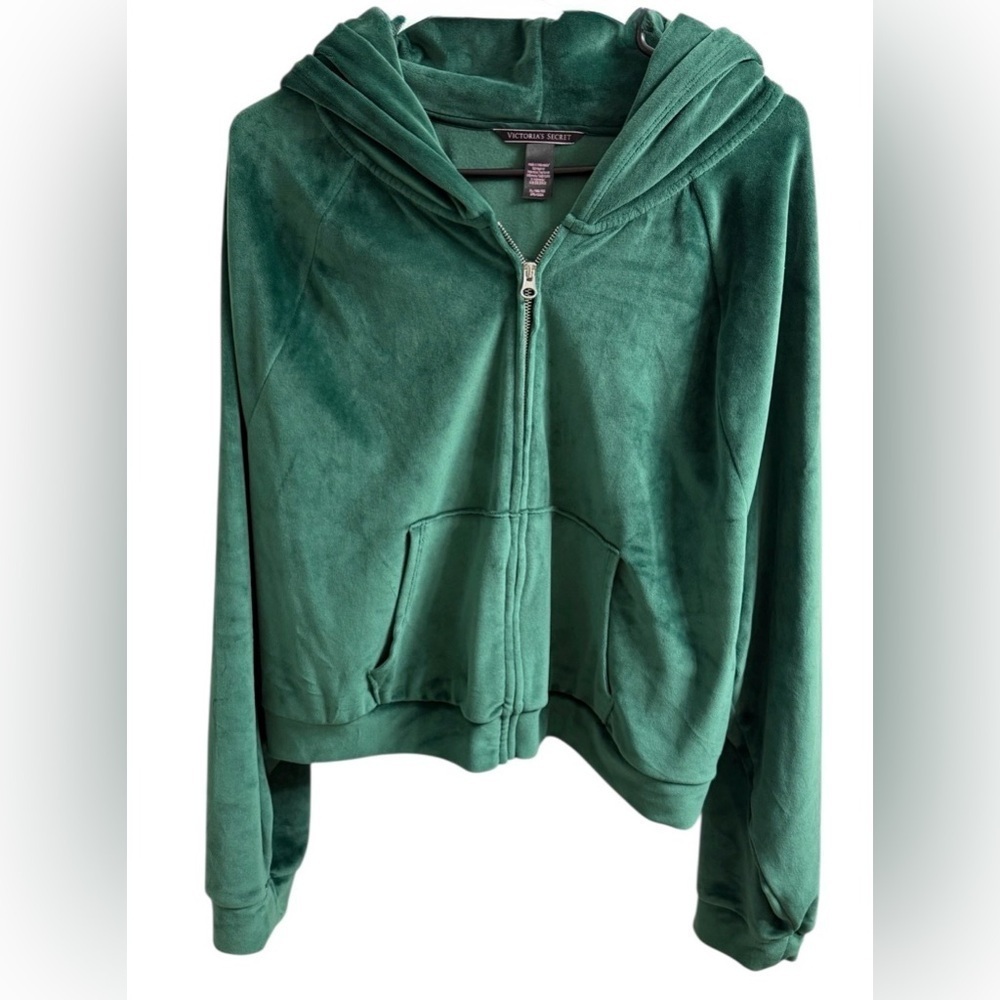 Victoria’s Secret Emerald Green Velour Zip Hoodie XL Plush Velvet Y2K Lounge - Picture 3 of 13